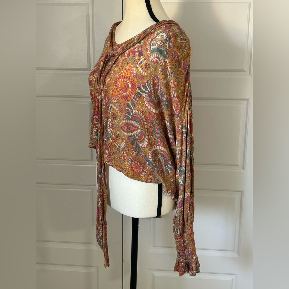 Free People Red and Orange Bell Sleeve Blouse with Tie Front - Picture 5 of 10
